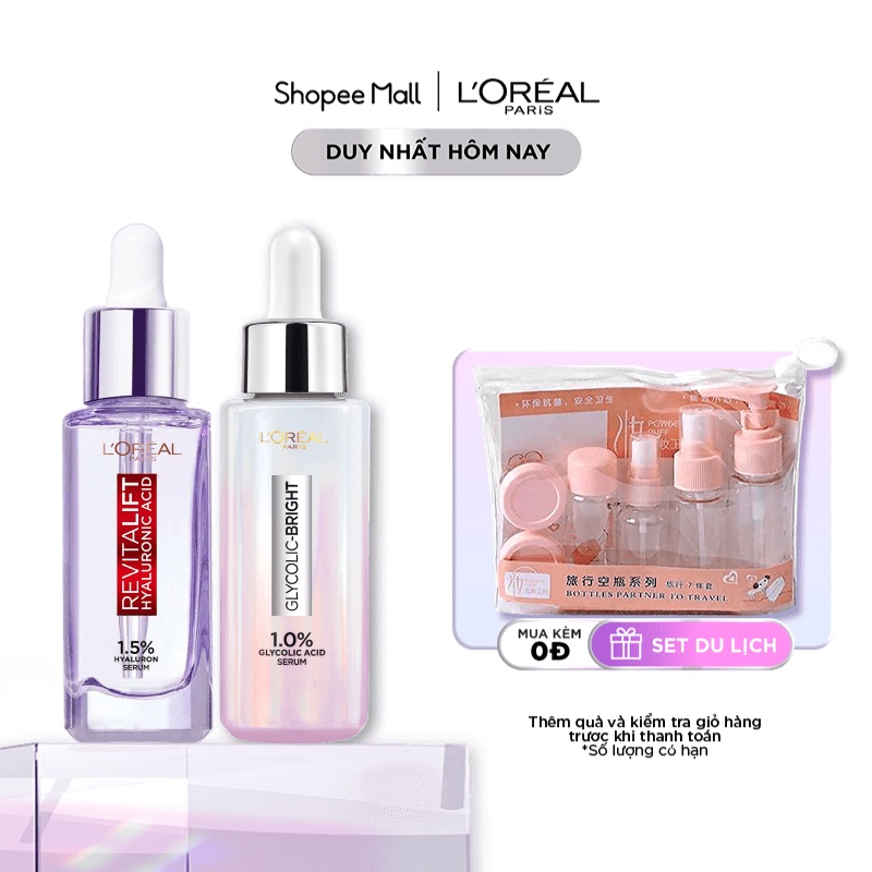 Bộ 2 Serum sáng da Glycolic Bright 1.0% Glycolic Acid 30ml &amp; Serum siêu cấp ẩm Revitalift Pure Hyaluronic L'Oreal Paris