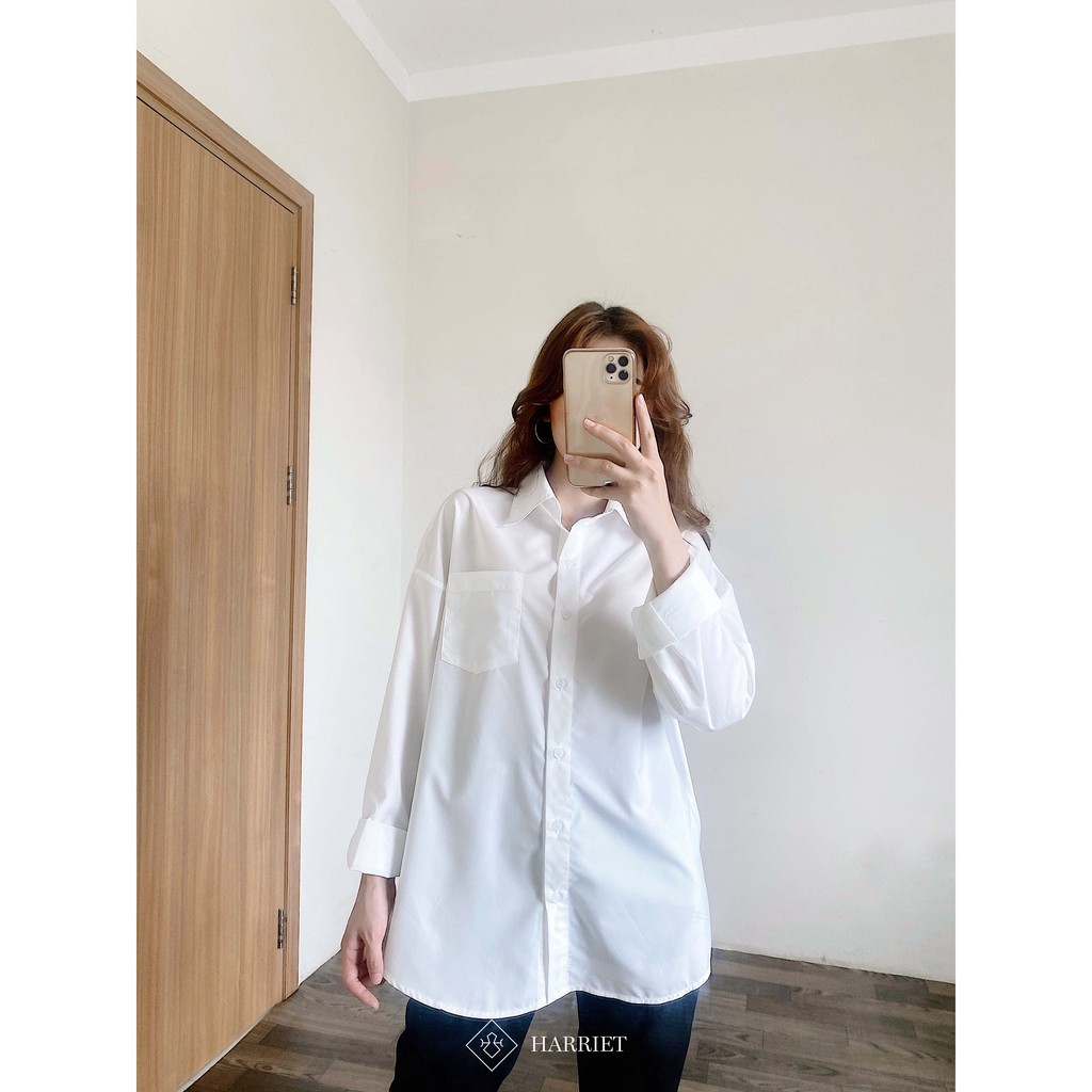 [Mã BMBAU50 giảm 7% đơn 99K] Áo sơ mi nữ trắng túi ngực freesize dáng rộng Boyfriend Harriet