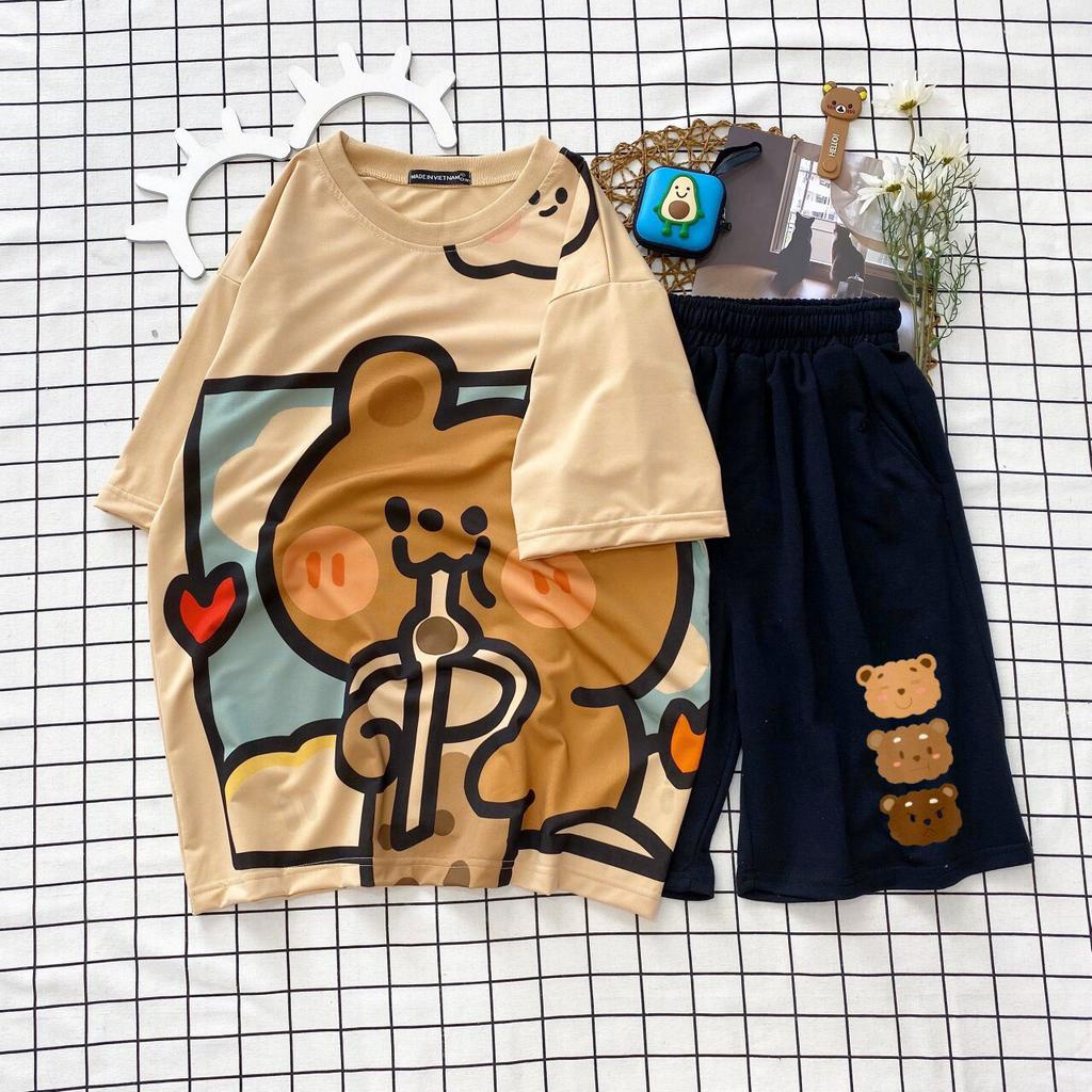 Set đồ bộ hoạt hình ❤️ Bộ mặc nhà Cartoon GẤU TRÀ SỮA NÂU form rộng Freesize Unisex nam nữ Molly Fashion