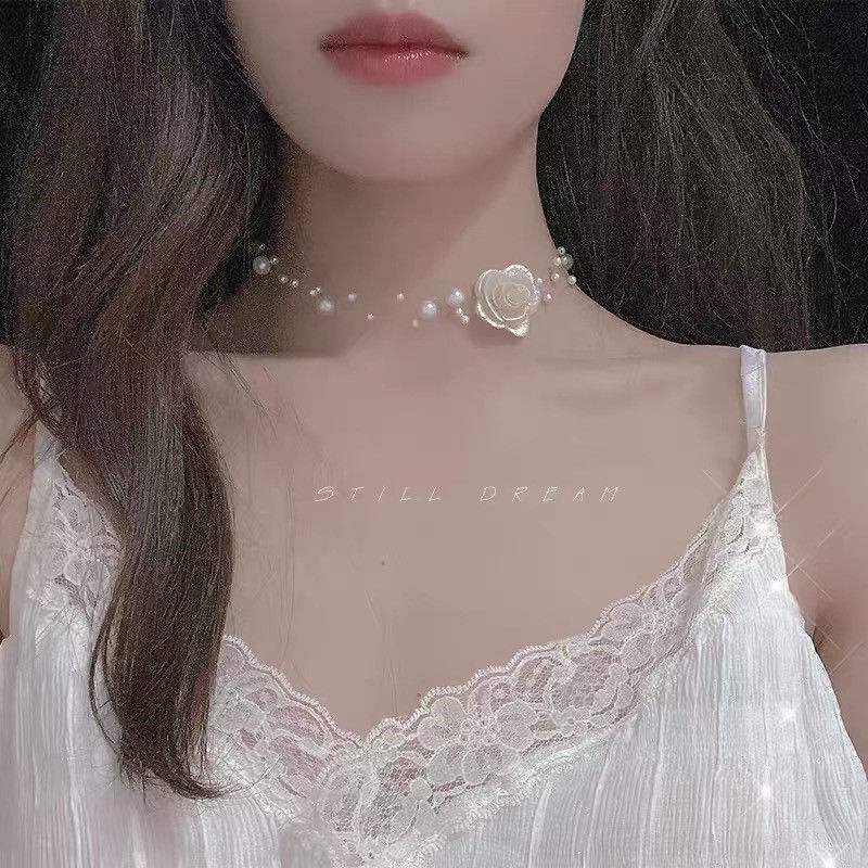 Vòng Cổ choker Hai Lớp Đính Hoa Trà Và Ngọc Trai Cao Cấp Phong Cách Pháp Thanh Lịch Dành Cho Nữ
