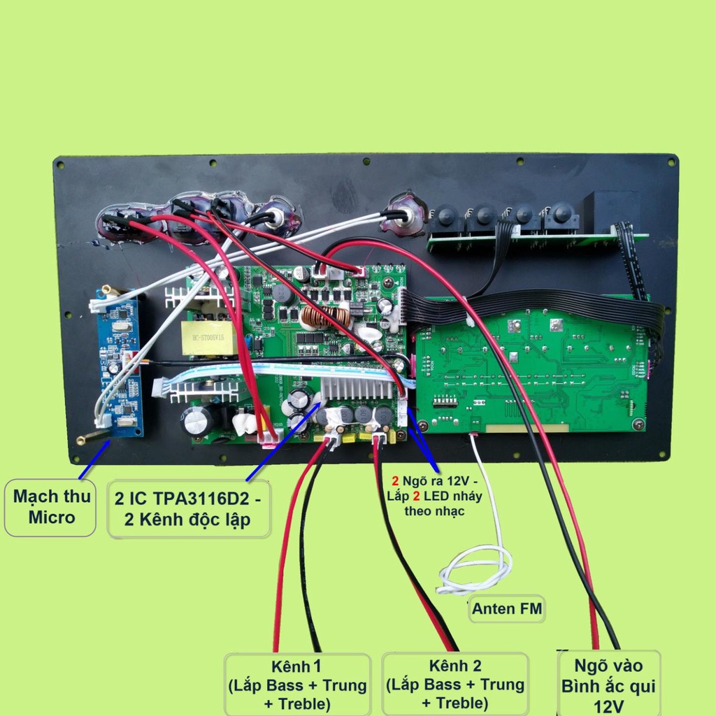 Mạch loa kéo Reverb chống hú 4 tấc đôi 3 đường tiếng 2 IC TPA3116D2 150W + 150W nguồn xung 220V kèm loa và 1 bộ Micro