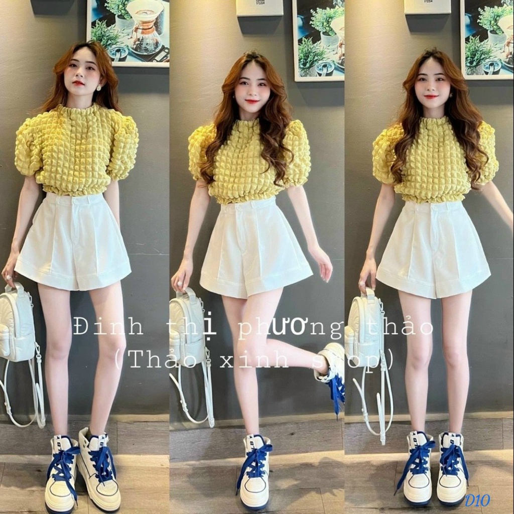 Set 2 món đi chơi với quần short ngắn lưng cao kèm áo xốp form rộng ngắn tay cổ tròn