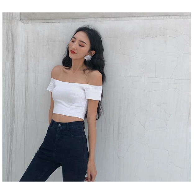 Ao croptop trễ vai tay ngắn thun gan