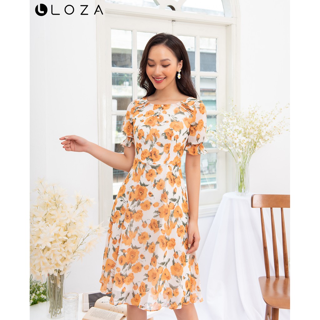 [Mã FASHIONMALLT4 giảm 15% đơn 150k] Đầm dáng xòe LOZA họa tiết hoa tay cộc - LD2478