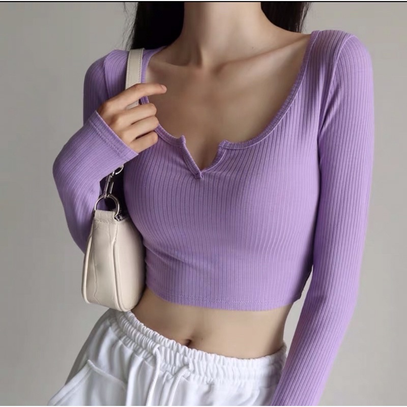 Freeship áo croptop kiểu cổ V tay dài A3