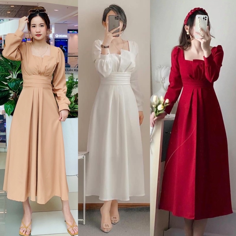 Đầm dự tiệc maxi cổ xếp li dài tay | BigBuy360 - bigbuy360.vn