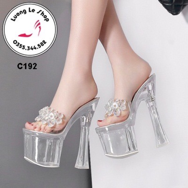 Giày cao gót 20cm đế to trong quai trong đính hoa đá pha lê  ms C192