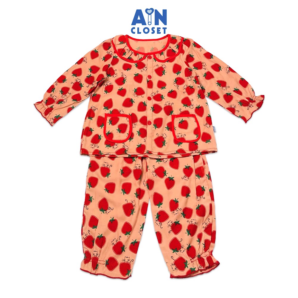 Bộ quần áo dài bé gái họa tiết Dâu đỏ đũi tằm - AICDBGITUIJ3 - AIN Closet