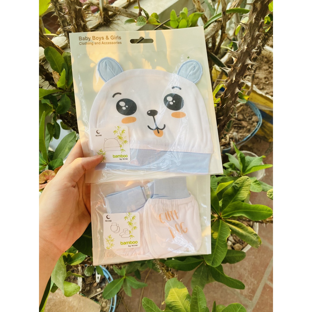 Bao tay chân và mũ Moon họa tiết chất cotton cao cấp cho bé