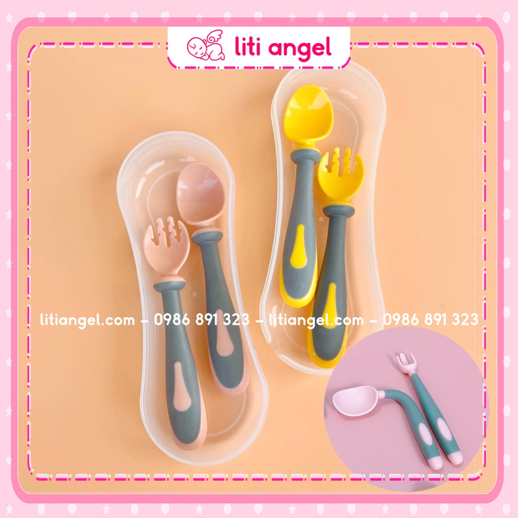 Set Thìa Nĩa Uốn Cong Cho Bé Tập Xúc Ăn Dặm