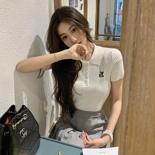Áo thun XIAOZHAINV dệt kim tay ngắn dáng ôm phong cách Hàn Quốc thời trang cho nữ