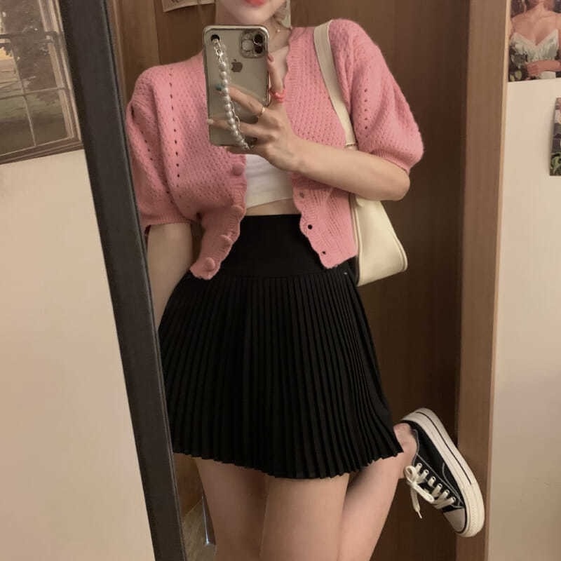 Áo Cardigan Dệt Kim Tay Phồng Cổ Chữ V Dáng Ôm Thời Trang Mùa Hè Cho Nữ