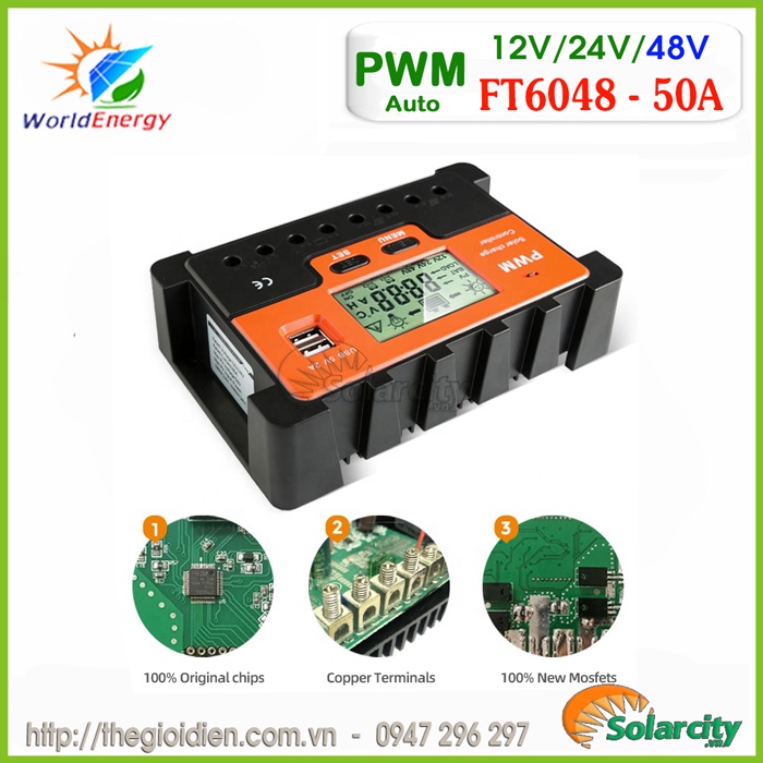 Bộ sạc pin năng lượng mặt trời PWM 50A - 12V/24V/48V tự động (FT6048)