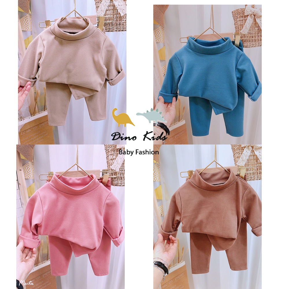 Bộ quần áo cotton giữ nhiệt HQ 2 mặt lông mềm mịn cho bé, Bộ thu đông cổ 3 phân giữ nhiệt cho bé