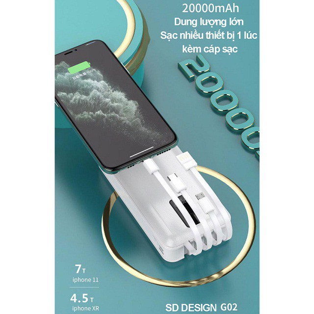 [Mẫu Mới 2021] Pin Sạc dự phòng G02 chính hãng 20,000mAh SD Design kèm 3 dây sạc, cáp sạt cổng USB, bảo hành 1 năm