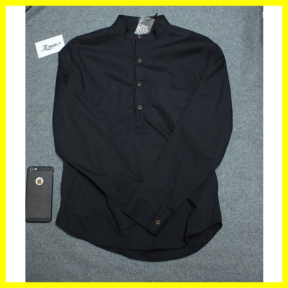 Áo sơ mi nam dài tay cổ tàu màu xanh than chất vải thô form ôm nhẹ phù hợp với nhiêu lứa tuổi