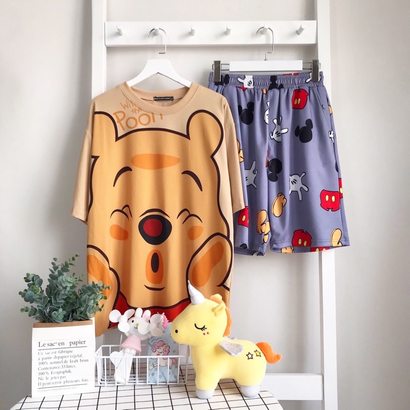 Set bộ Cartoon GẤU POON  phối quần đùi hoạt hình mặc nhà from rộng Unisex Freesize 38-70kg Nam nữ