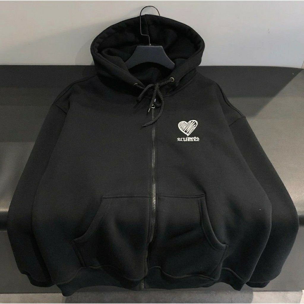 áo khoác hoodie phom rộng thêu hình trái tim chất nỉ xinh xắn