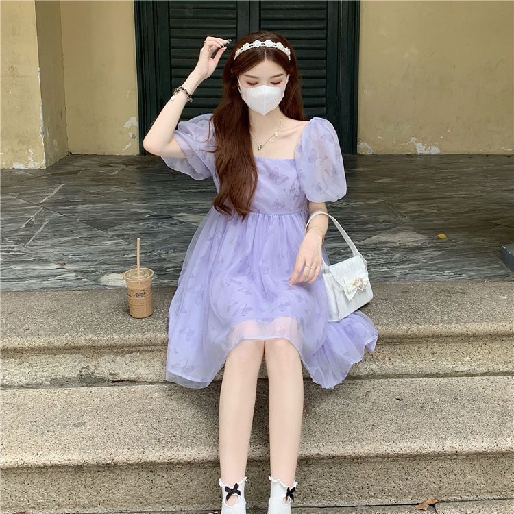 Váy babydoll Đầm Tay Phồng Cổ Vuông Eo Cao Thời Trang Mùa Hè Phong Cách Mới Ngọt Ngào Cho Nữ