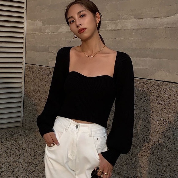 Áo sweater IELGY dệt kim tay dài cổ vuông màu đen thời trang cho nữ