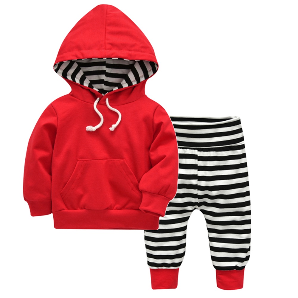 Set Đồ 2 Món Gồm Áo Hoodie Có Túi Màu Đỏ + Quần Dài Kẻ Sọc Cho Bé Trai