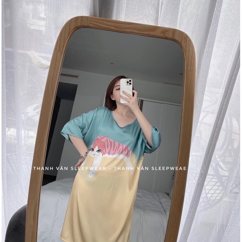 Bộ Đồ Pịama - váy lụa satin cổ tròn [Hàng Đẹp, Lụa Mát Mịn]  Không Nhăn, Không Bai Giãn, Không Phải màu | BigBuy360 - bigbuy360.vn