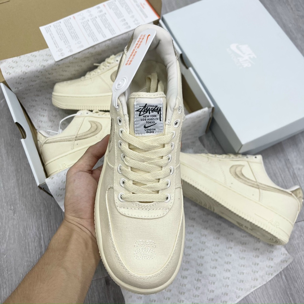 Giày Air Force 1 Stussy, Giày thể thao AF1 vải kem chất liệu canvas 100% bản đẹp