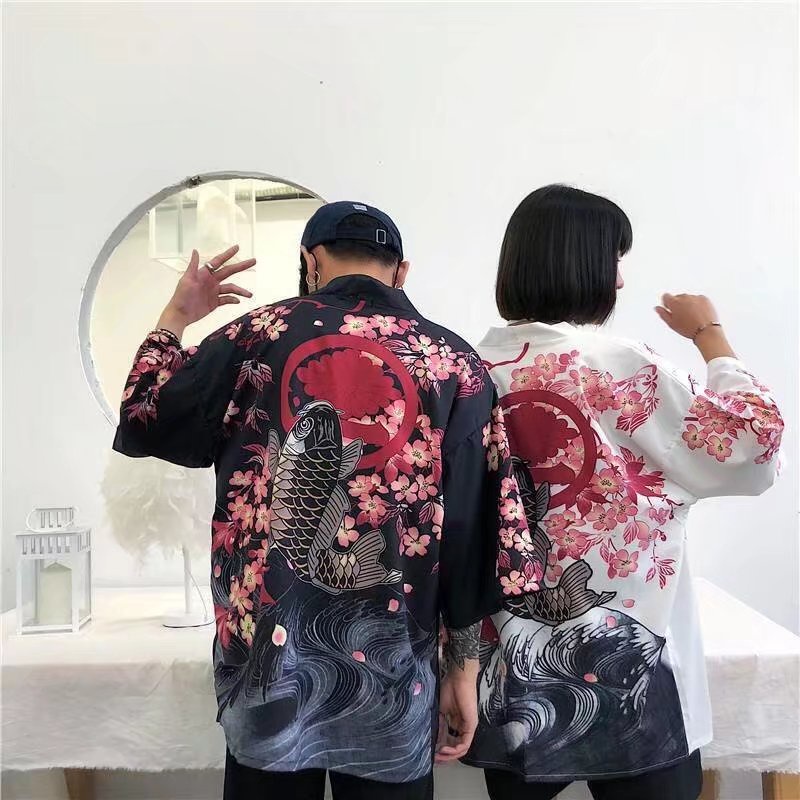 Áo Khoác Kimono Dáng Rộng In Họa Tiết Hoa Đào Và Lông Vũ Phong Cách Nhật Bản Thời Trang Cho Nam Và Nữ 2022