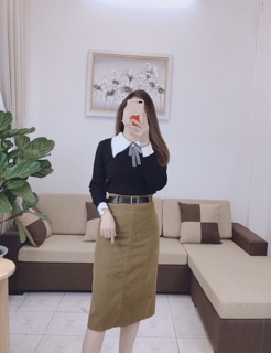 Áo len cổ sơ mi kèm nơ