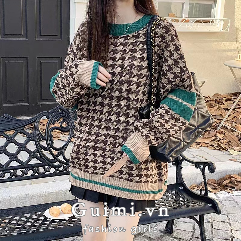 Áo sweater Dệt Kim Tay Dài Cổ Tròn Màu Sắc Tương Phản Thời Trang Xuân Thu Cho Nữ