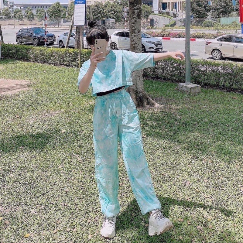 [NGUYÊN SET] Set áo croptop + bra đen + quần dài loang màu | BigBuy360 - bigbuy360.vn