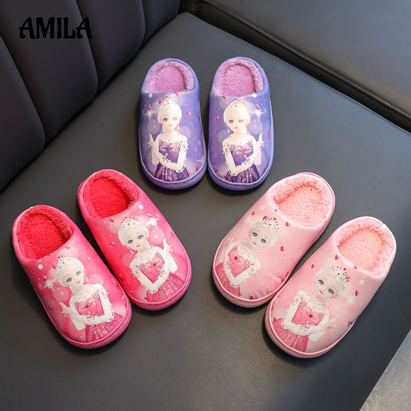 Dép AMILA cotton lót lông cừu dày dặn chống thấm nước họa tiết hoạt hình thời trang thu đông cho bé