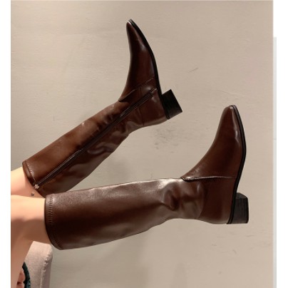 (Có Hình Thật) - Phong Cách Hàn Quốc Boots Da Xịn Gót Vuông 4 Phân Cao Dưới Gối Nâu/Đen