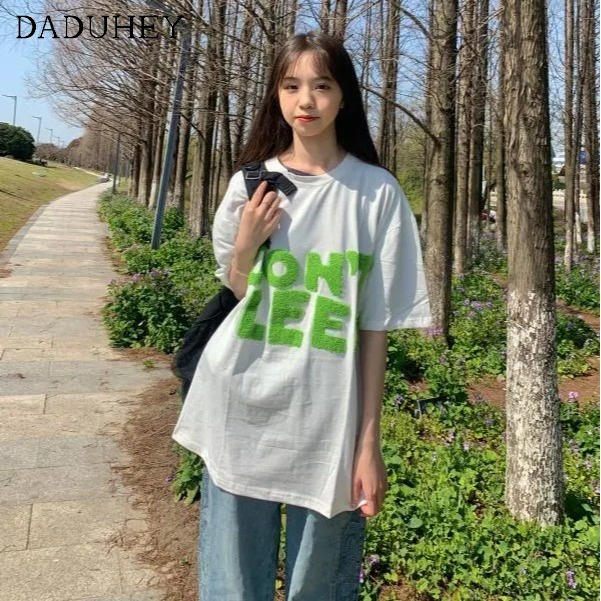 Áo thun DADUHEY 100% cotton tay ngắn dáng rộng thêu họa tiết chữ cái 5 màu sắc tùy chọn thời trang mùa hè mới