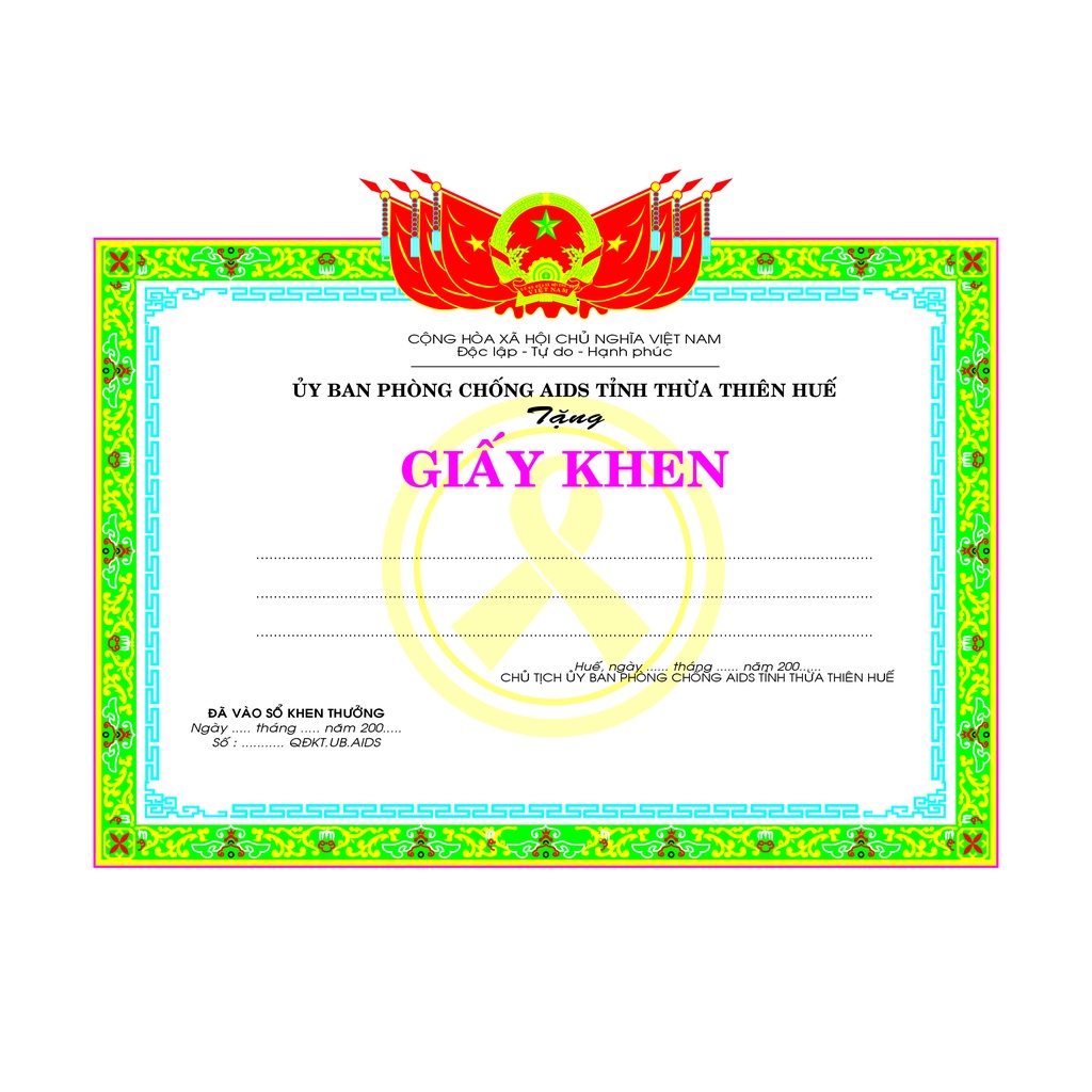 Giấy khen Uỷ ban phòng chống AIDS, giấy bóng, rẻ đẹp, có ép plastic