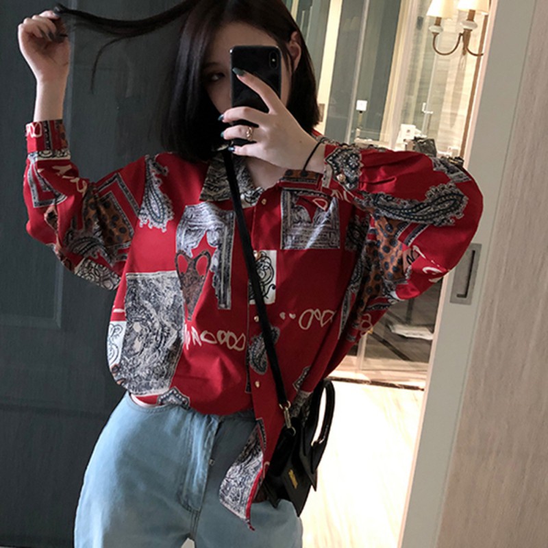 Áo sơ mi tay dài dáng rộng màu đỏ họa tiết in hoa phong cách cổ điển cho nữ