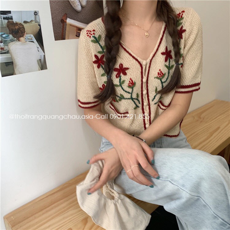 (Hàng Nhập) Áo Croptop Len Siêu Thông Thoáng Thêu Hoa &quot;Style Hàn Quốc&quot; OLOME1