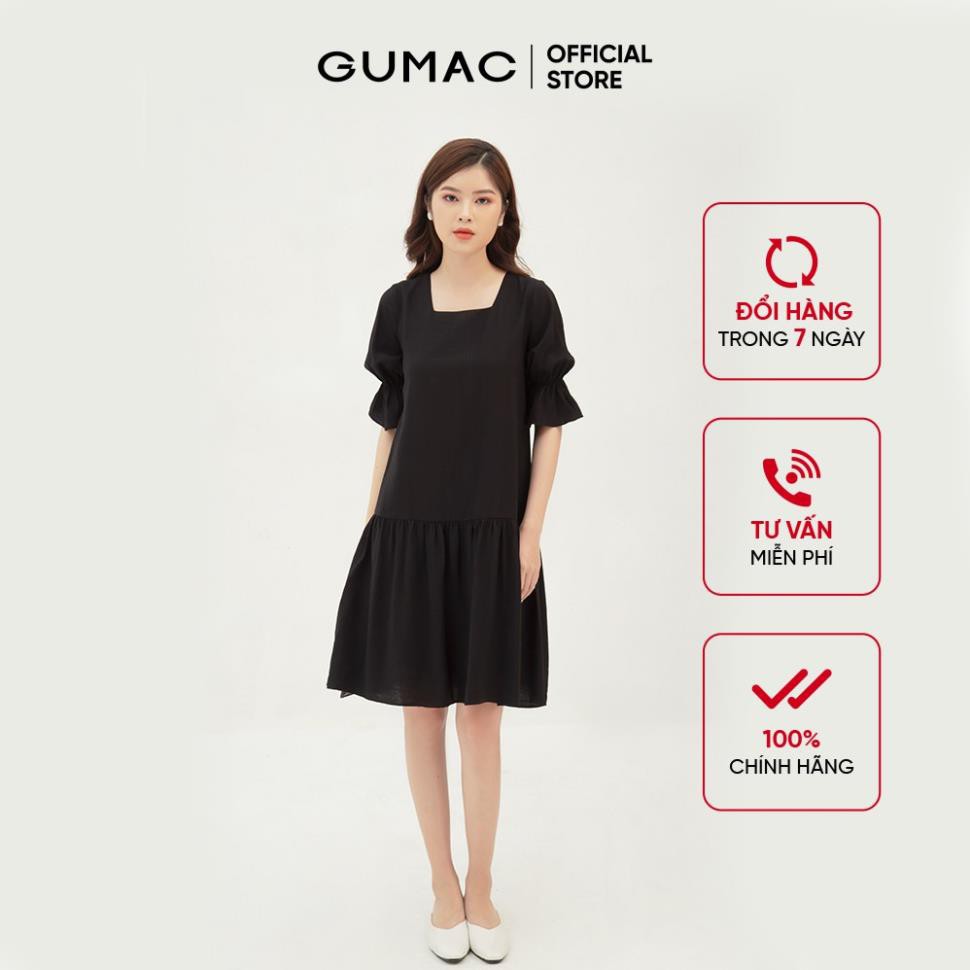 Đầm suông nữ tay nhún GUMAC màu đen trơn, đủ size, đồ công sở trẻ trung DB325 New *