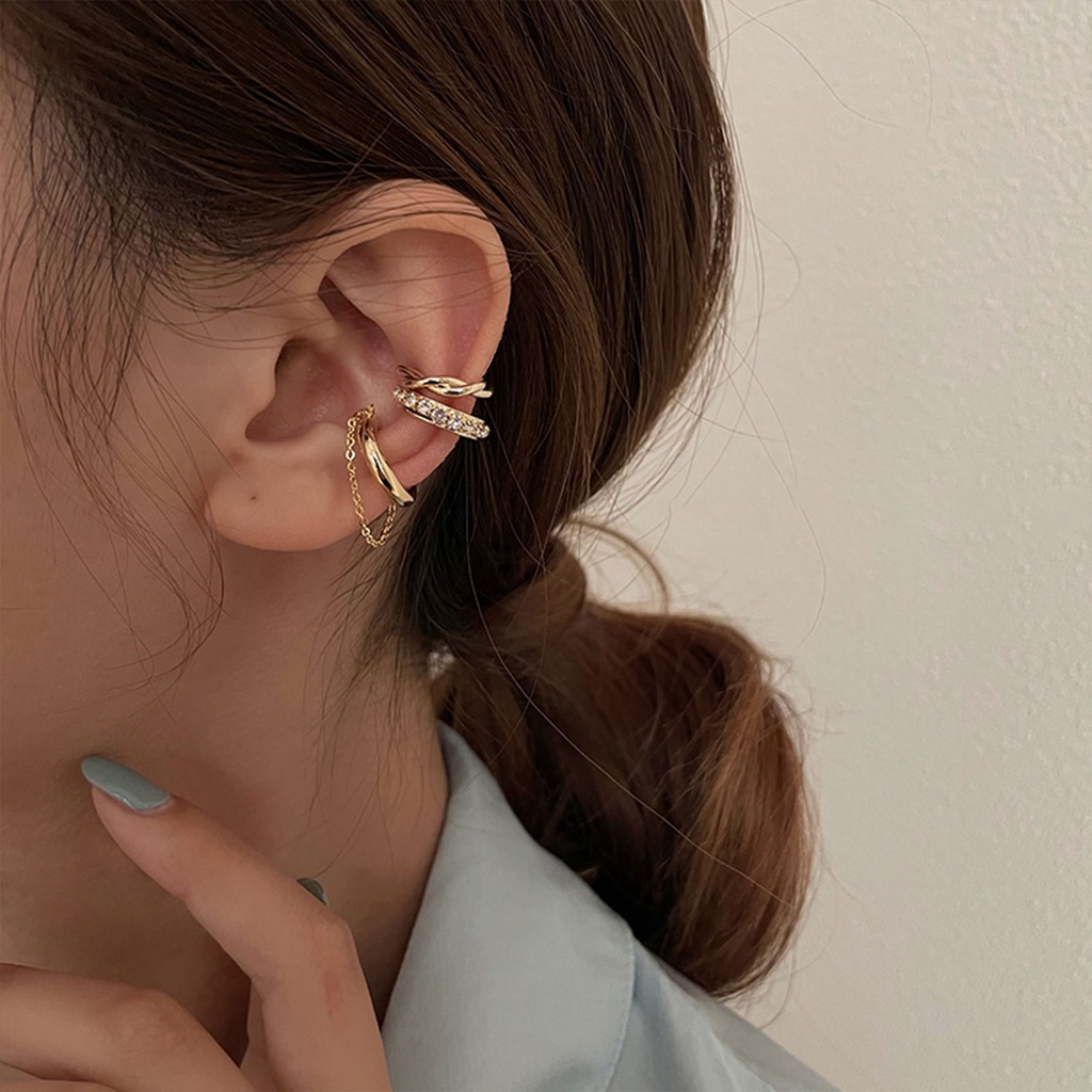 Bộ Ba Món Khuyên Tai Dạng Kẹp Không Xỏ Lỗ Phối Dây Xích Xoắn Đính Đá Zircon Phong Cách Retro Sang Trọng Đơn Giản Thời Trang Dành Cho Bạn Nữ 2022