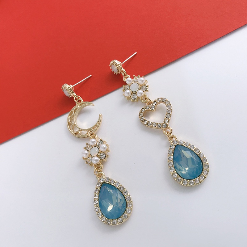 Khuyên tai PINKDUDU PD738 hợp kim hình trái tim/ trăng đính đá xanh dương thời trang cho nữ