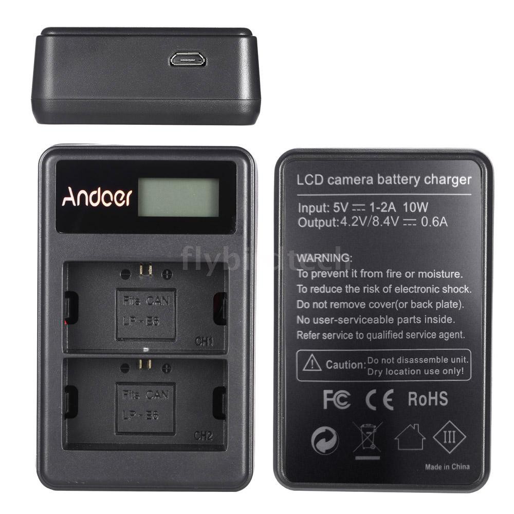 FLY Andoer LP-E6 Rechargeable LED Display Li-ion Battery Charger Pack 2-Slot USB Cable Kit for Canon EOS 6D 7D 70D 60D 5