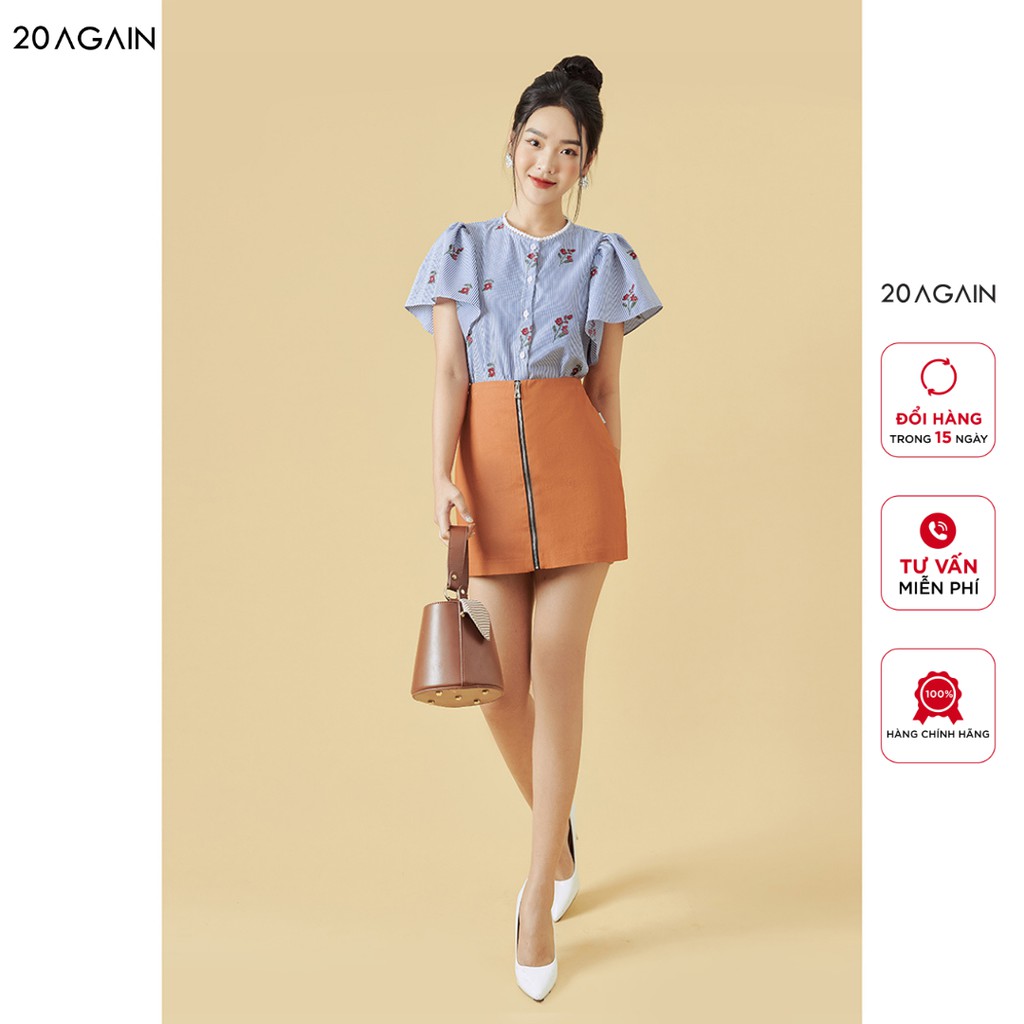 Áo sơ mi nữ tay xòe 20AGAIN, họa tiết xanh kẻ trẻ trung, thoáng mát, thấm mồ hôi ASW1146