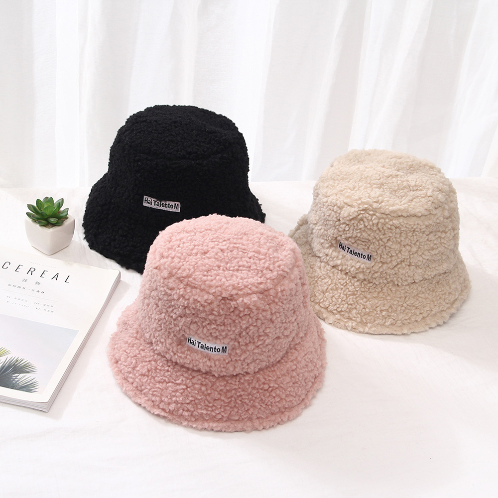 MXBEAUTY Female Bucket Hat Curly Plush Bucket Cap Cashmere Hat Women New Trendy Winter Solid Color Plush Hat Wide Brim Hat black/pink/coffee