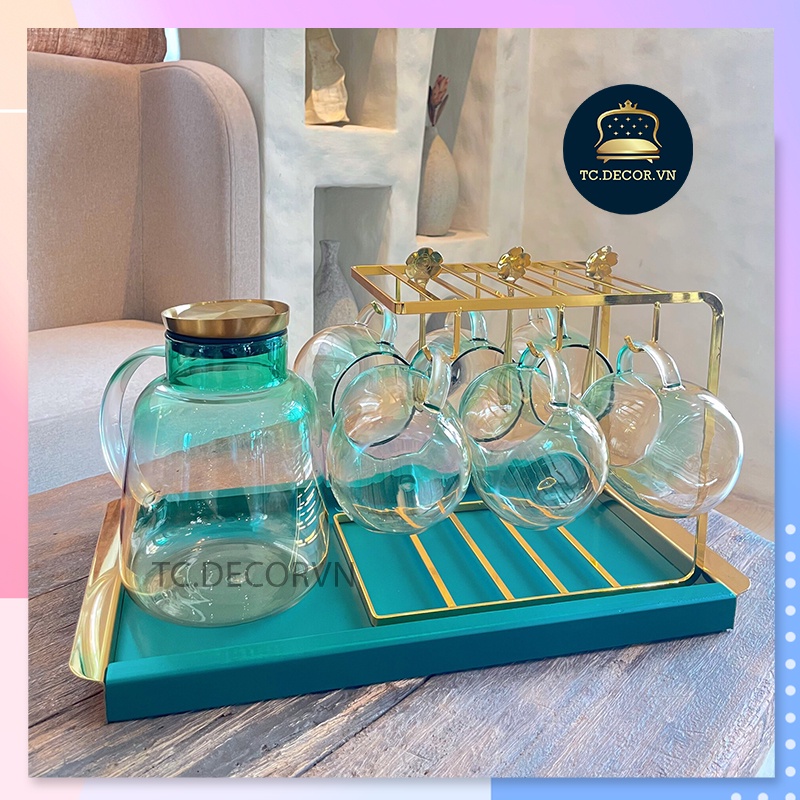 Set 6 Cốc + Binh Thuỷ Tinh Borosilicate 🌸 Có Khay + Giá Bán Kèm 🌸 Sang Trọng Tinh Tế