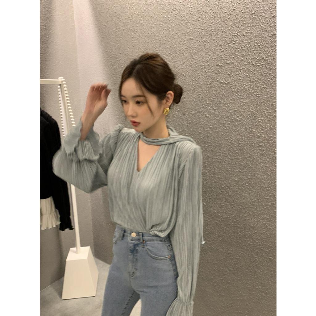 Áo Sơ Mi Dài Tay Thắt Dây Xếp Ly Màu Sắc Thời Trang 61386