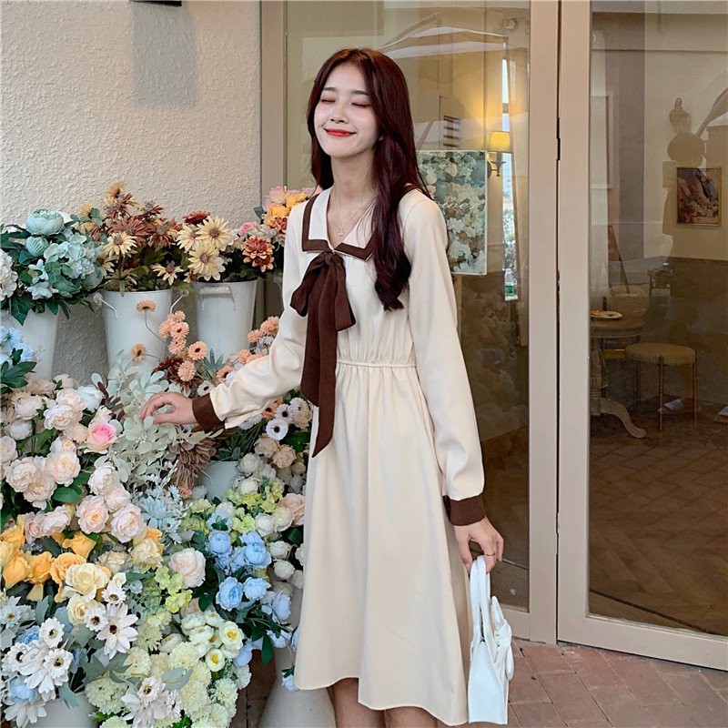 Váy babydoll nữ cổ bẻ phối nơ dáng suông phong cách vintage dễ thương/ Đầm thu đông dáng dài qua gối ulzzang trẻ trung