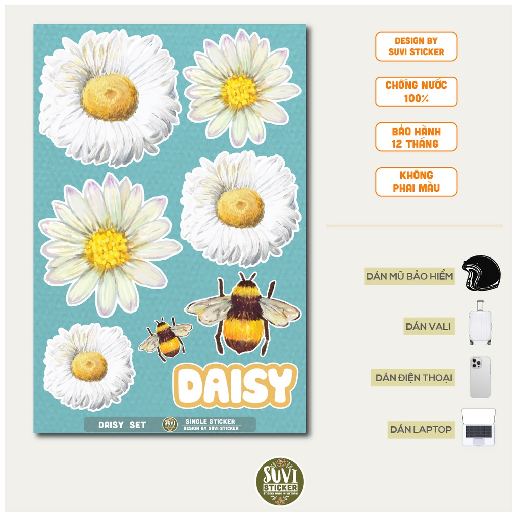 STICKER LẺ - Sticker Hoa Cúc Daisy dán mũ bảo hiểm, laptop, điện thoại, vali. MSP: SS20