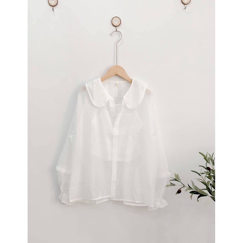 Set áo sơ mi voan cổ sen trong suốt kèm áo 2 dây