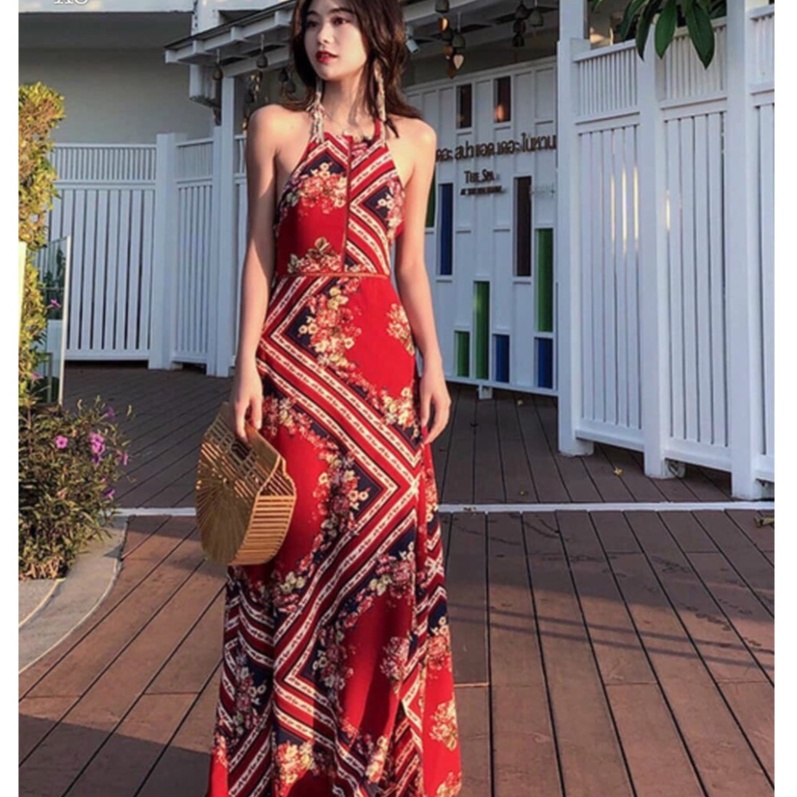 Đầm Maxi Yếm Đi Biển Dáng Xoè Sang Chảnh Phối Họa Tiết Siêu Xinh (Hàng Chuẩn Đẹp)