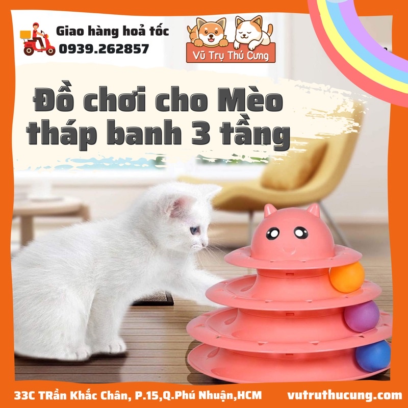 Tháp banh đồ chơi 3 tầng cho mèo giải trí, nhiều màu sắc